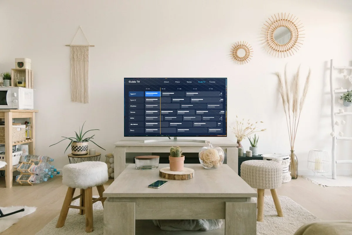 TiviMate installé sur une Android TV au salon, guide TV à l'écran