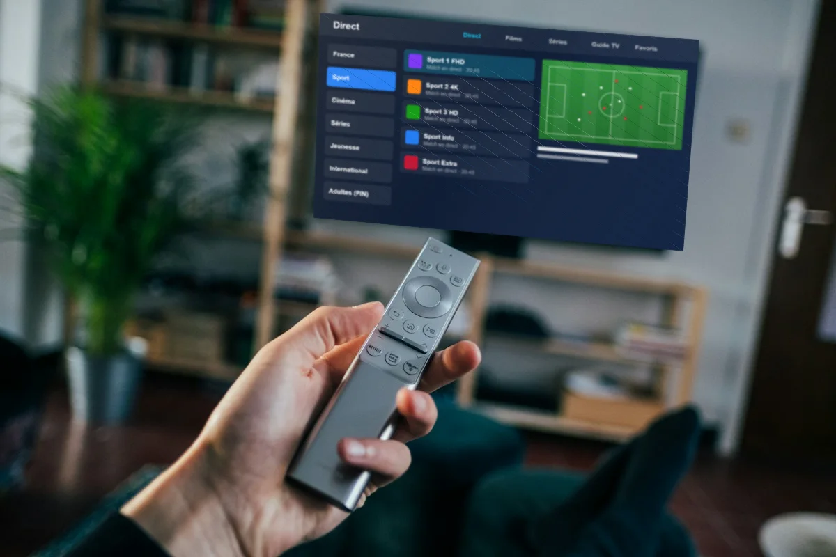 Télécommande et liste des chaînes sport dans TiviMate après l'installation
